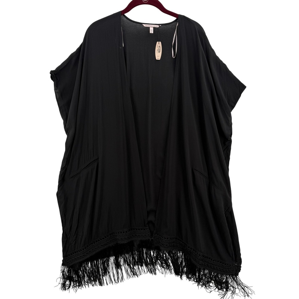 Victoria's Secret Kimono Cardigan Womens Small Black Fringe Crochet Open Front
